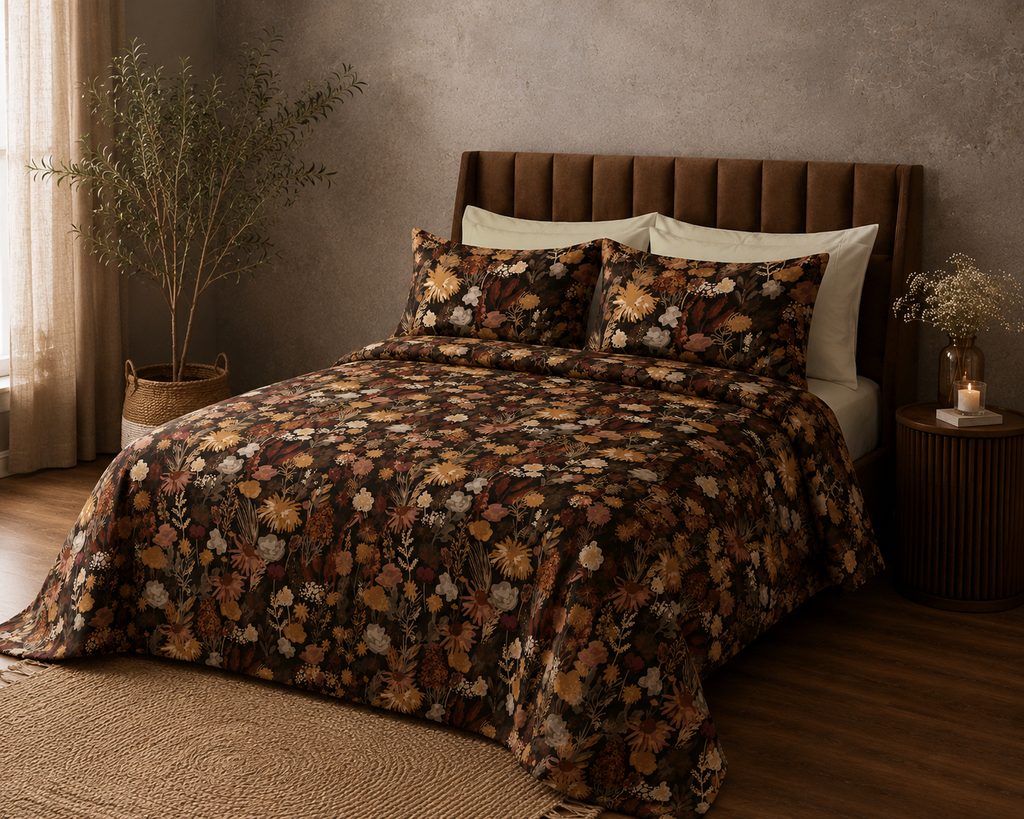 Side view of Whites of London NZ Organic Cotton Percale Printed Sheet Set Ember Garden 250TC 