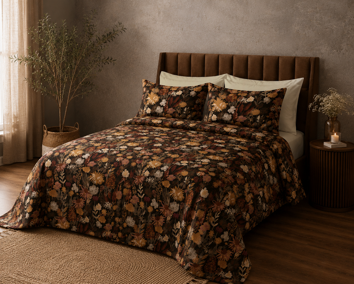 Side view of Whites of London NZ Organic Cotton Percale Printed Sheet Set Ember Garden 250TC 