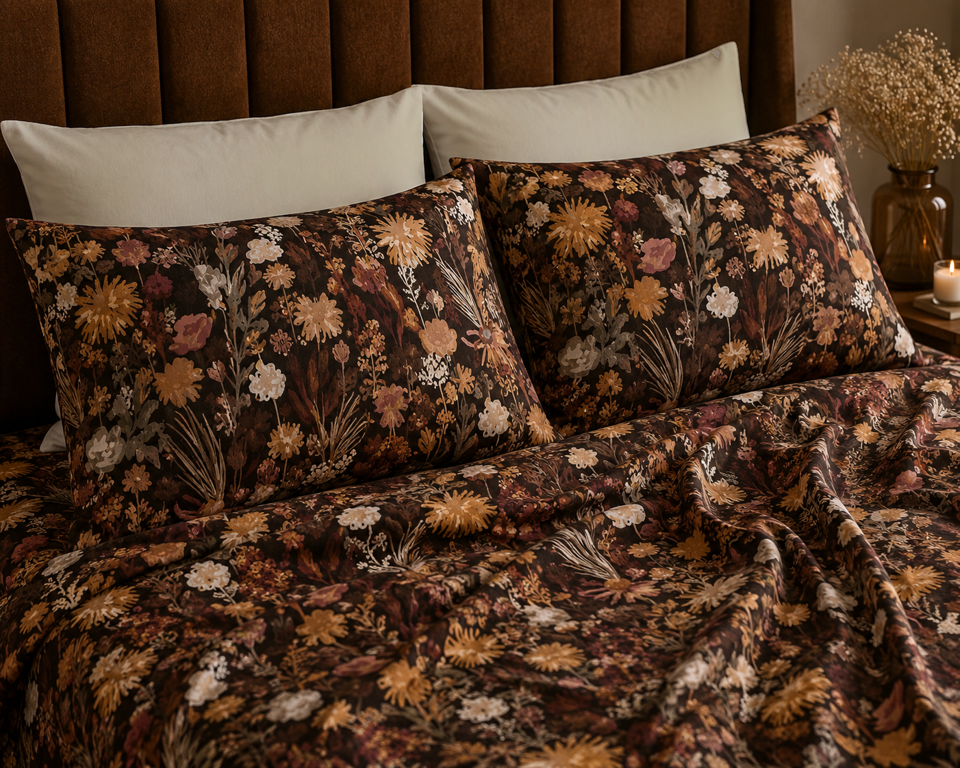 Pillowcases styled with the Whites of London NZ Organic Cotton Percale Printed Sheet Set Ember Garden 250TC 