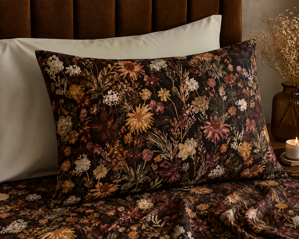 Close up of Whites of London NZ Organic Cotton Percale Printed Sheet Set Ember Garden 250TC 