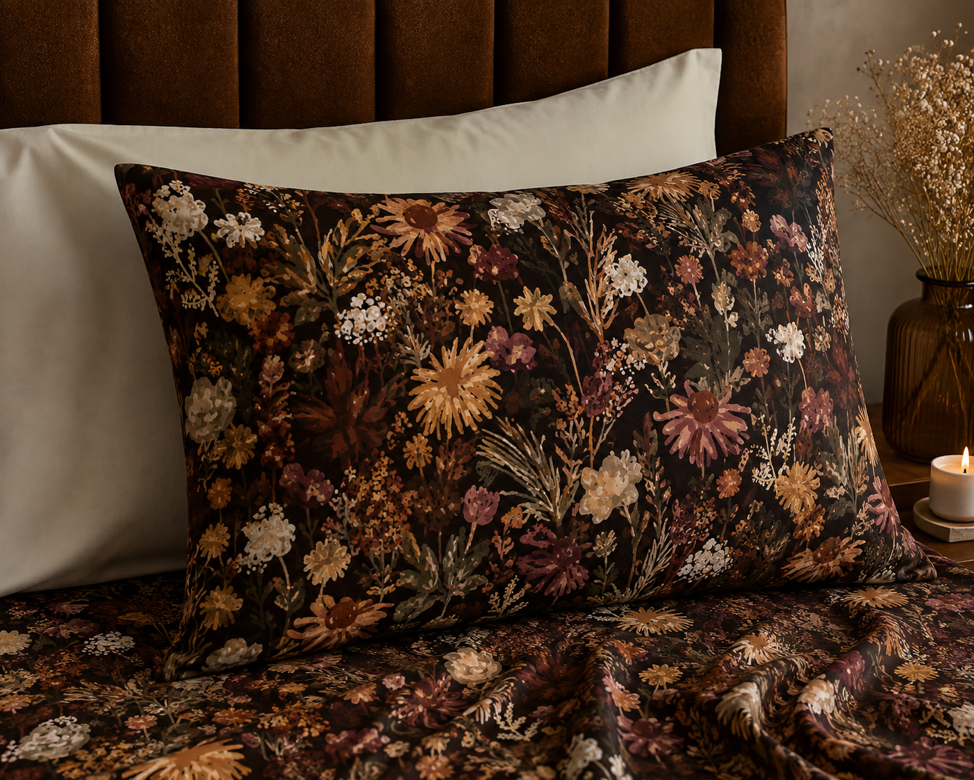 Close up of Whites of London NZ Organic Cotton Percale Printed Sheet Set Ember Garden 250TC 