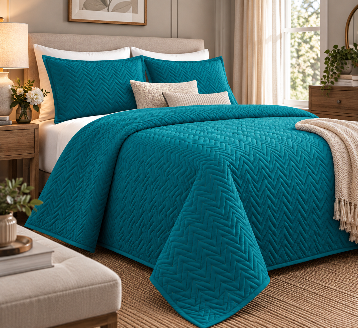 left hand view COTTON QUILTED HERRINGBONE BEDSPREAD SET - EMERALD