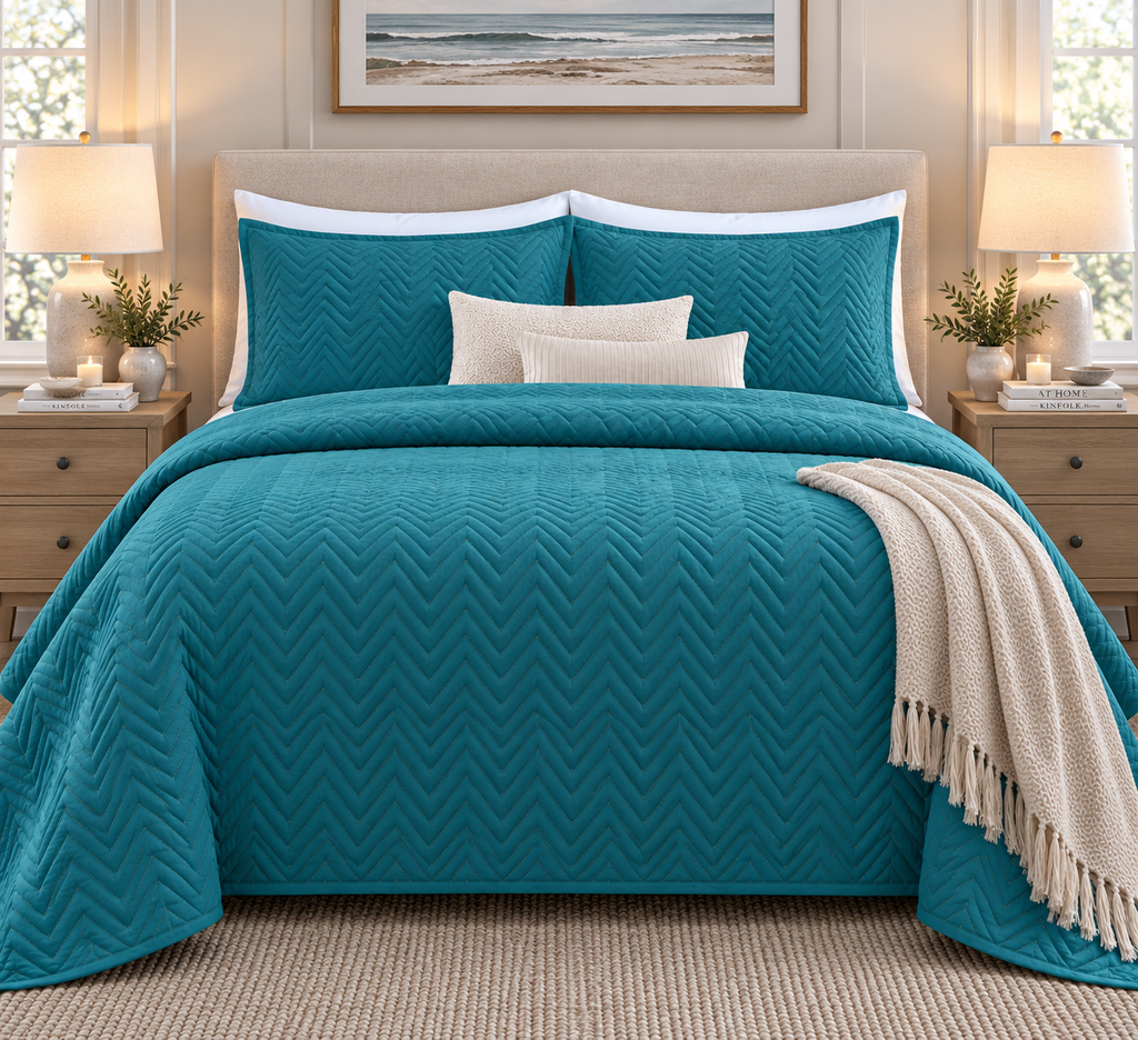 full bed view of COTTON QUILTED HERRINGBONE BEDSPREAD SET - EMERALD