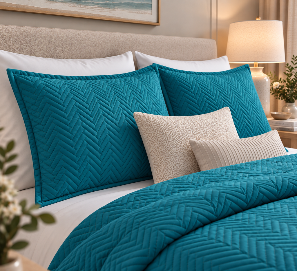 shams of COTTON QUILTED HERRINGBONE BEDSPREAD SET - EMERALD