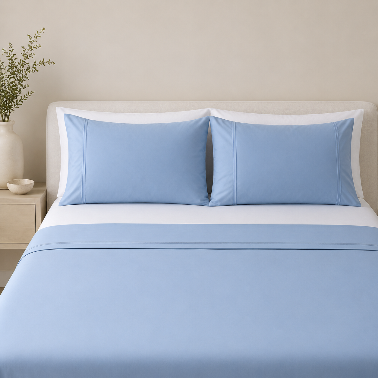 Blue estate 250TC GOTS certified organic cotton sheet set. Styled with white organic GOTS certified cotton fitted sheet. 