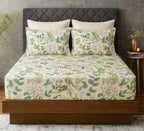 Full bed view of Fitted sheet of  Whites of London NZ This organic cotton printed fitted sheet set Evergreen Medley 250TC