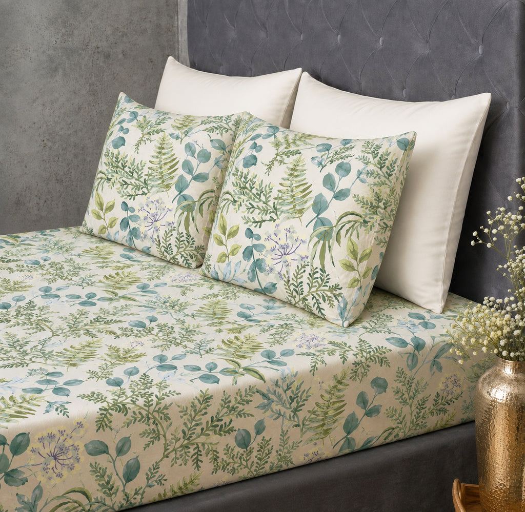 matching pillowcase display of  Whites of London NZ This organic cotton printed fitted sheet set Evergreen Medley 250TC