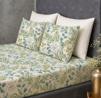 matching pillowcase display of  Whites of London NZ This organic cotton printed fitted sheet set Evergreen Medley 250TC