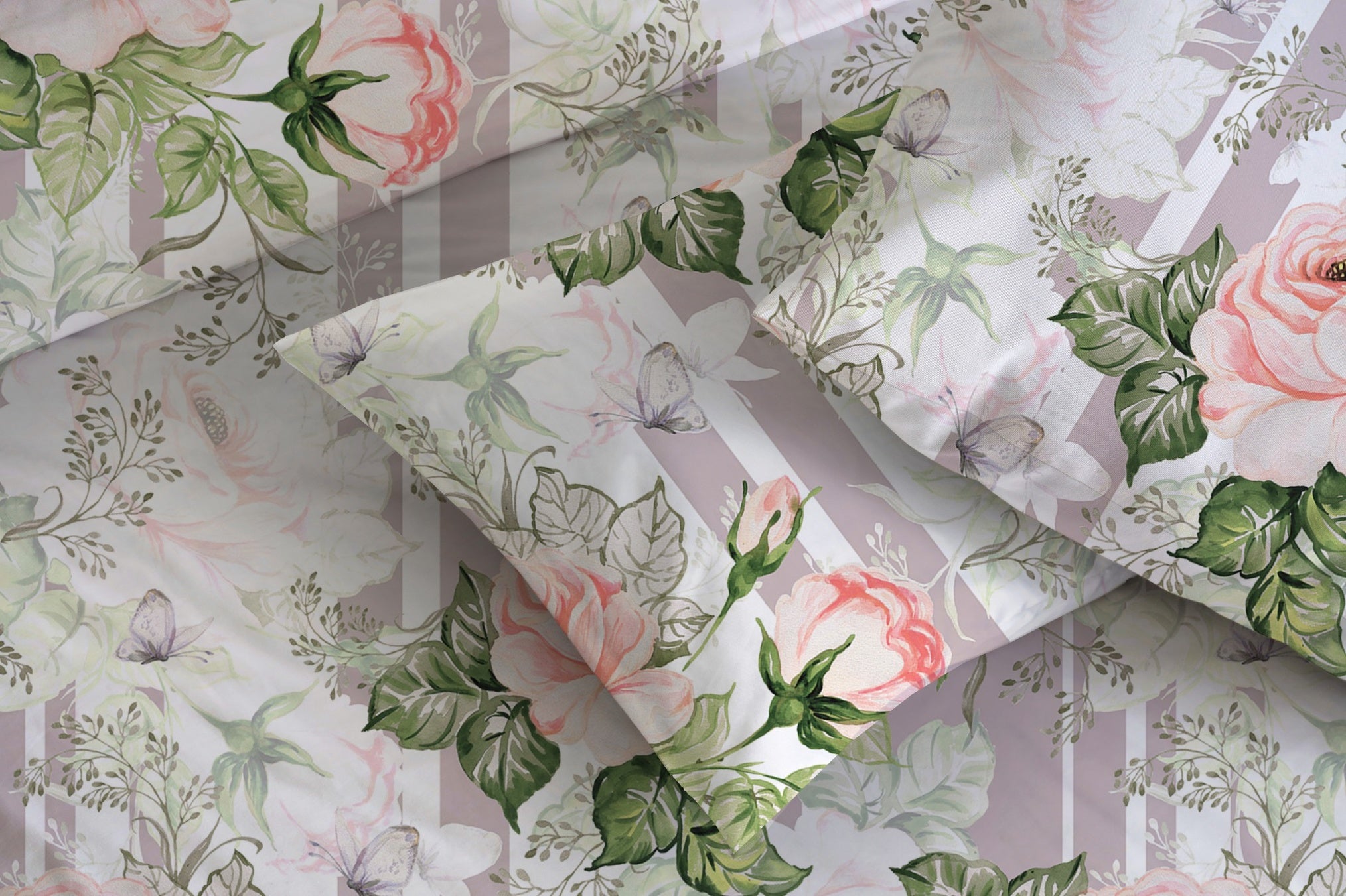 close up print of Whites of London NZ Whispering Rose GOTS certified Organic Cotton Printed Fitted Sheet Set 250TC 