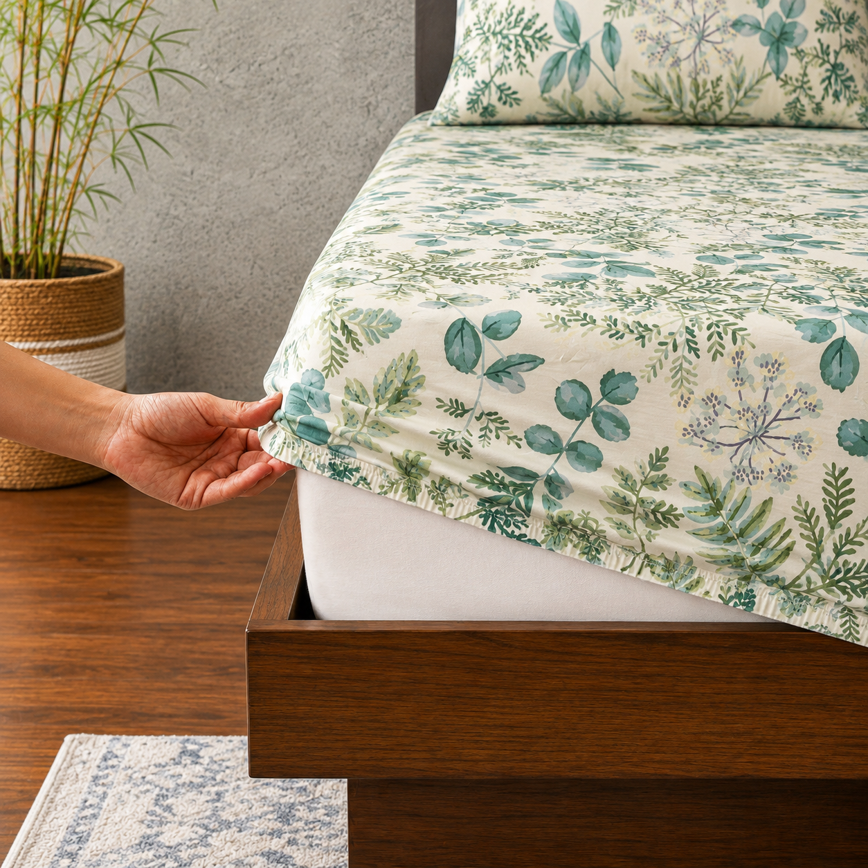 Fitted sheet of Full bed view of Whites of London NZ This organic cotton printed fitted sheet set Evergreen Medley 250TC comes with evergreen medley Organic Cotton Percale Printed Sheet Set 