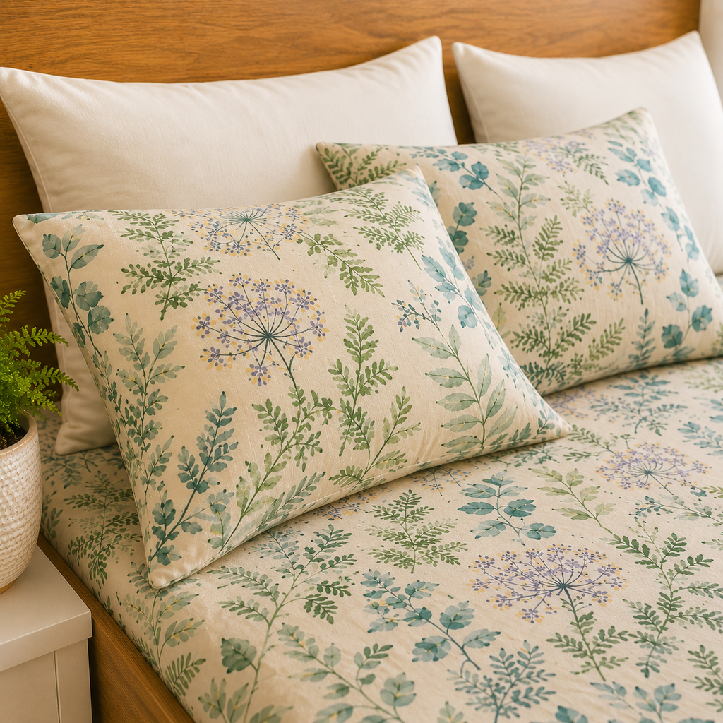 Close up of Whites of London NZ This organic cotton printed fitted sheet set Evergreen Medley 250TC that comes with evergreen medley Organic Cotton Percale Printed Sheet Set 