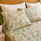 Close up of Whites of London NZ This organic cotton printed fitted sheet set Evergreen Medley 250TC that comes with evergreen medley Organic Cotton Percale Printed Sheet Set 