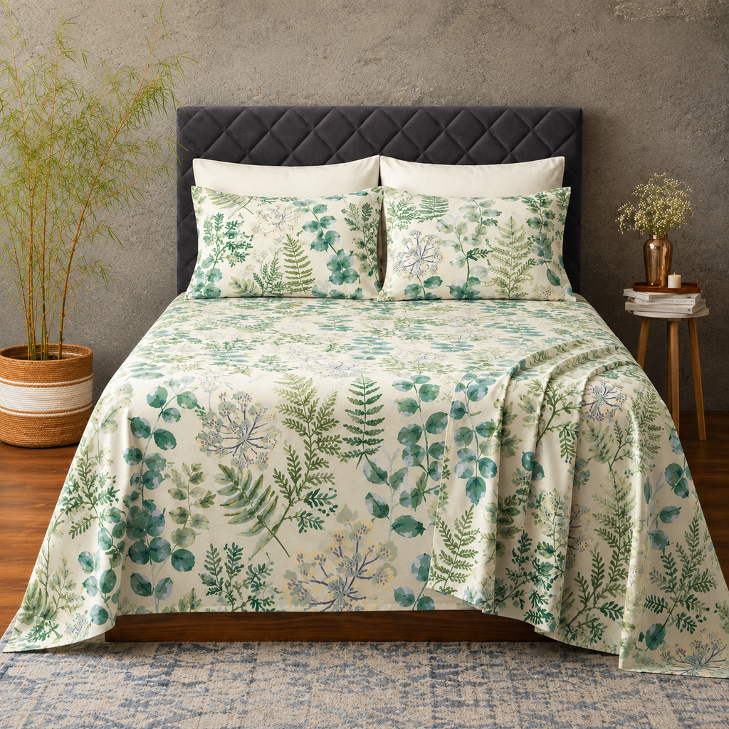 Full bed view of Whites of London NZ This organic cotton percale printed sheet set Evergreen Medley 250TC