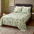 Wide angle view of Full bed view of Whites of London NZ This organic cotton percale printed sheet set Evergreen Medley 250TC
