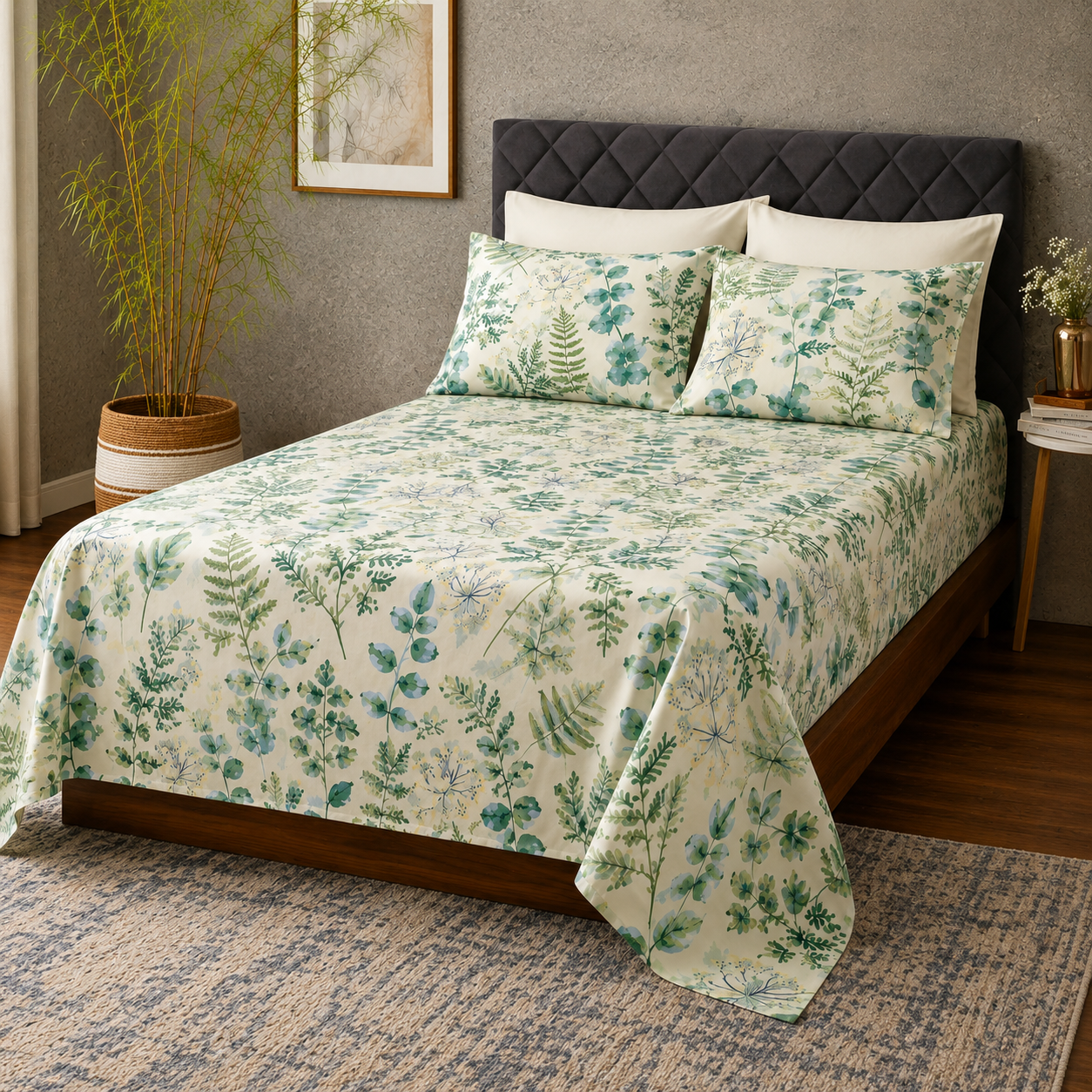 Wide angle view of Full bed view of Whites of London NZ This organic cotton percale printed sheet set Evergreen Medley 250TC