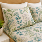 Organic Cotton Percale Printed Sheet Set with green botanical design on bed linens.