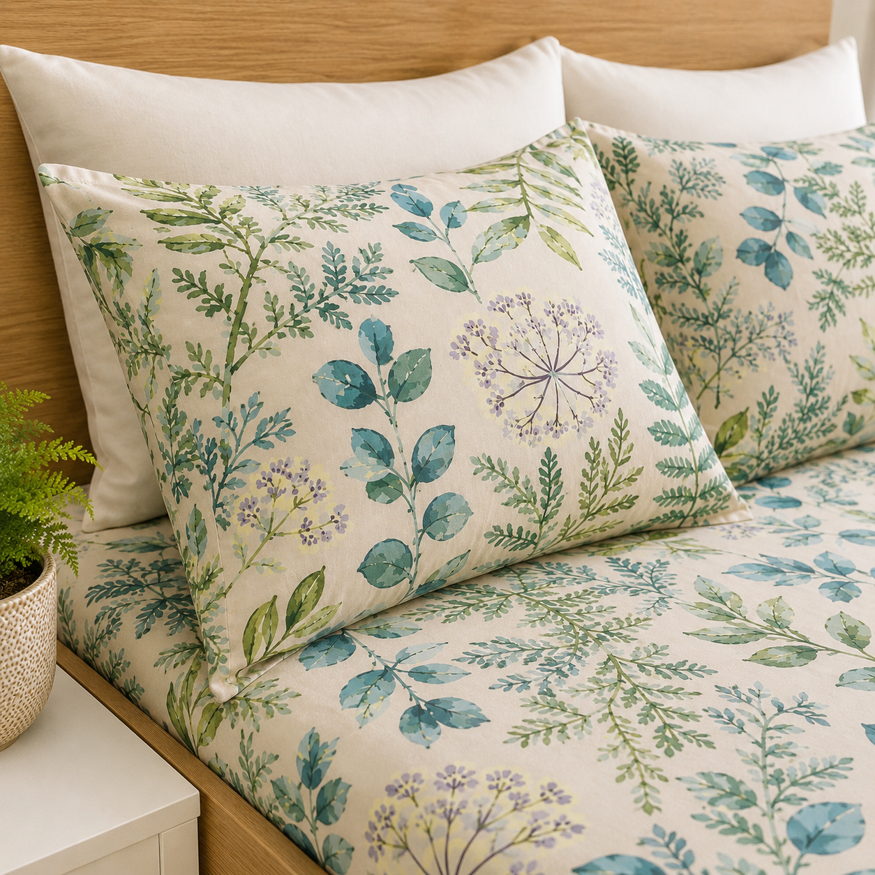 Organic Cotton Percale Printed Sheet Set with green botanical design on bed linens.