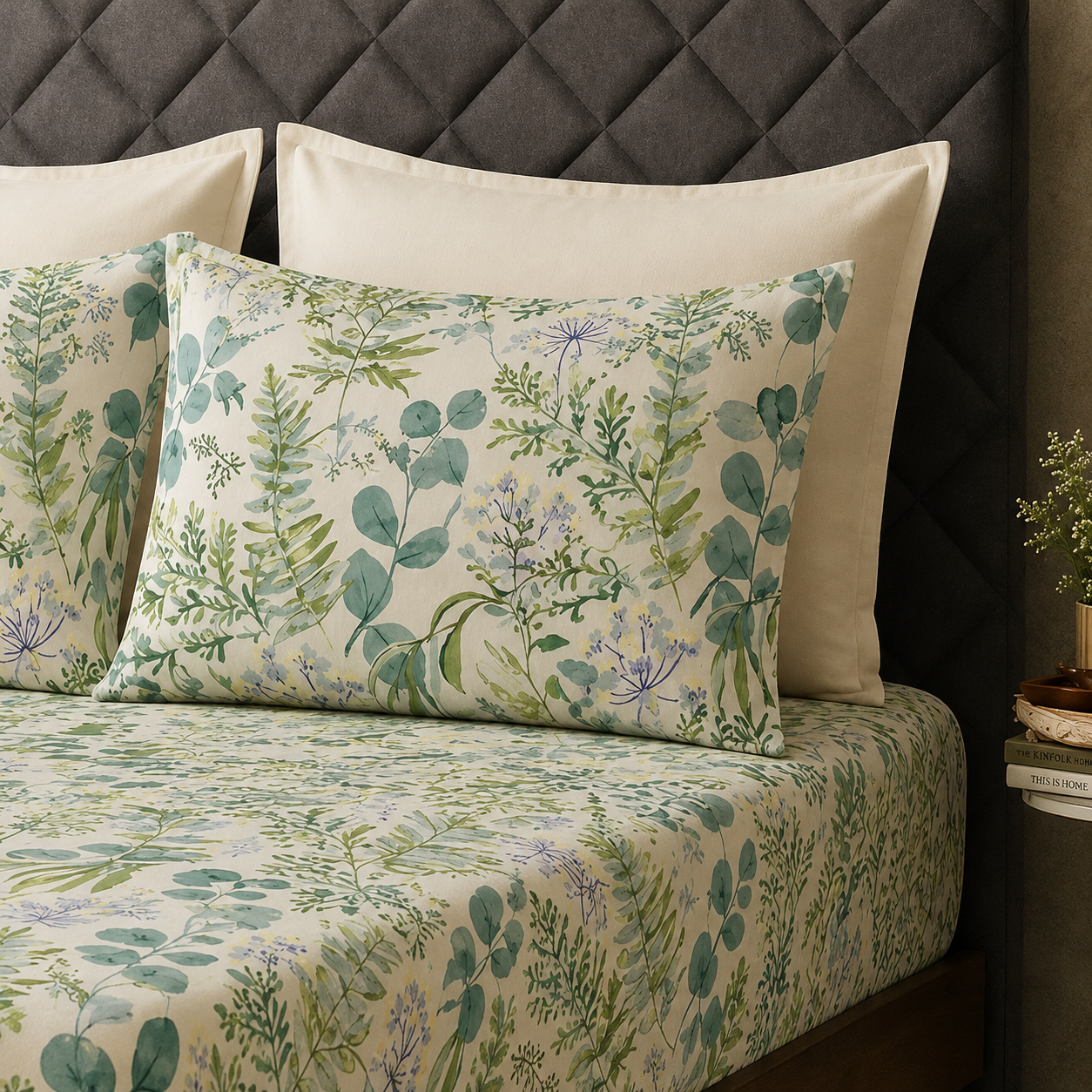 Matching pillowcases of Full bed view of Whites of London NZ This organic cotton printed fitted sheet set Evergreen Medley 250TC comes with evergreen medley Organic Cotton Percale Printed Sheet Set 
