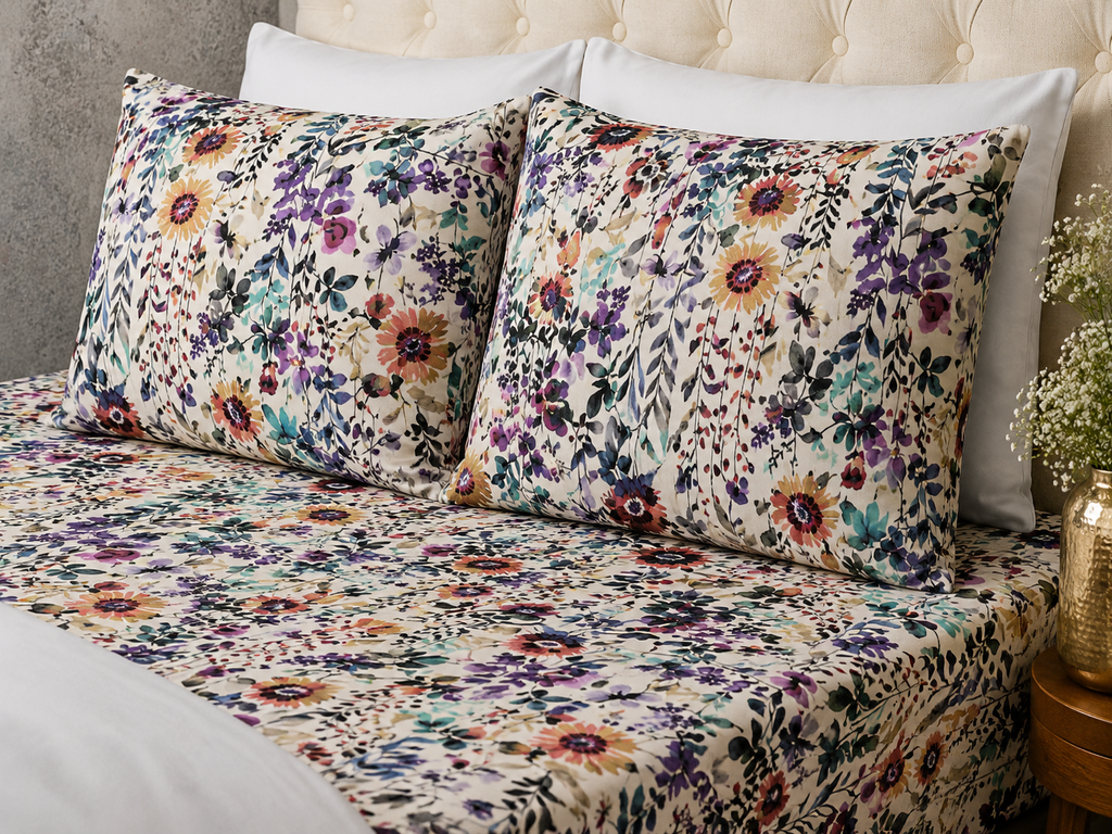 matching pillowcases of ORGANIC COTTON PRINTED FITTED SHEET SET - FLORAL BURST 250TC