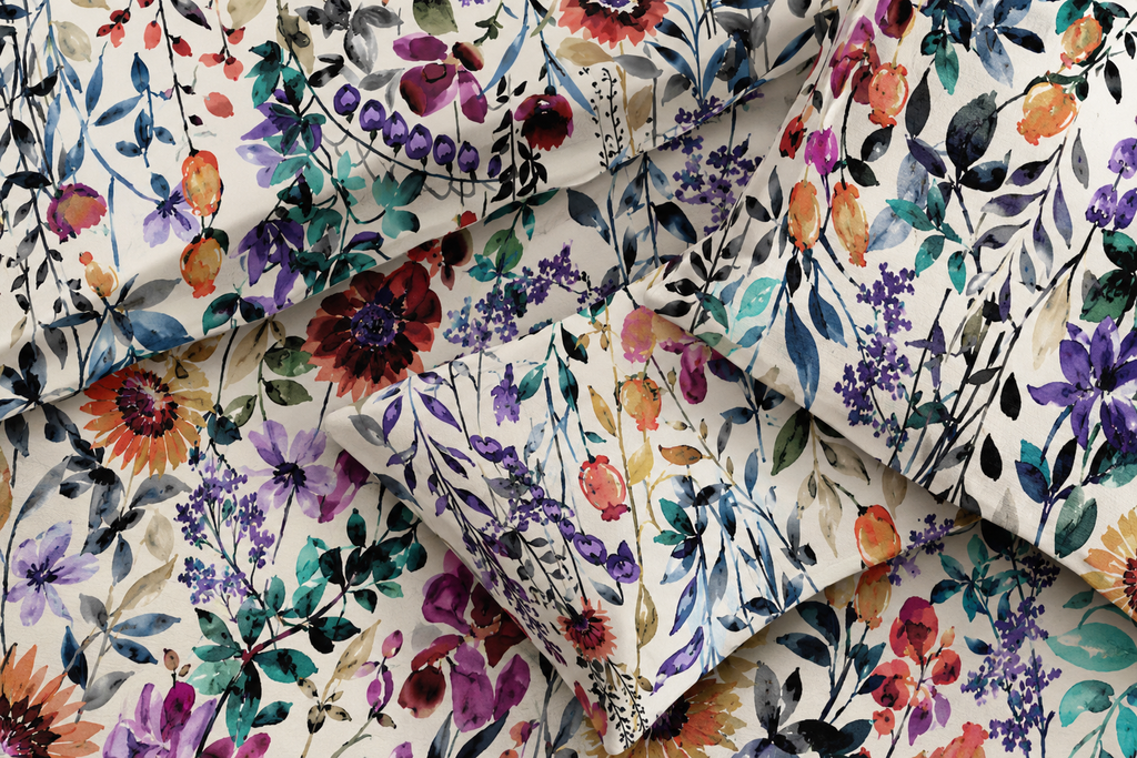 close up of ORGANIC COTTON PRINTED FITTED SHEET SET - FLORAL BURST 250TC