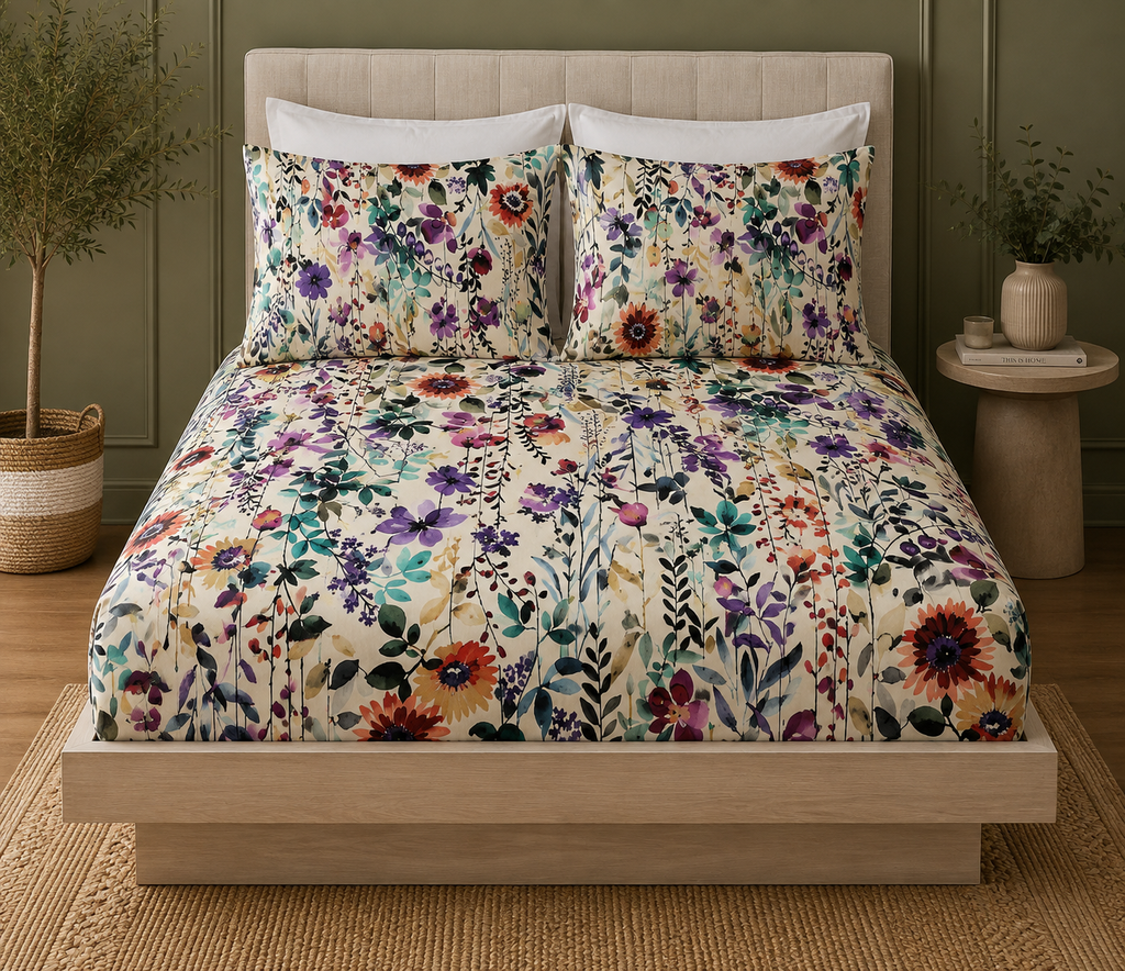 full bed view of ORGANIC COTTON PRINTED FITTED SHEET SET - FLORAL BURST 250TC