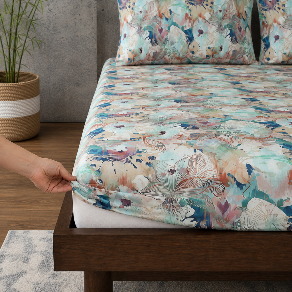 ORGANIC COTTON PRINTED FITTED SHEET SET - FLORENTINE 250TC
