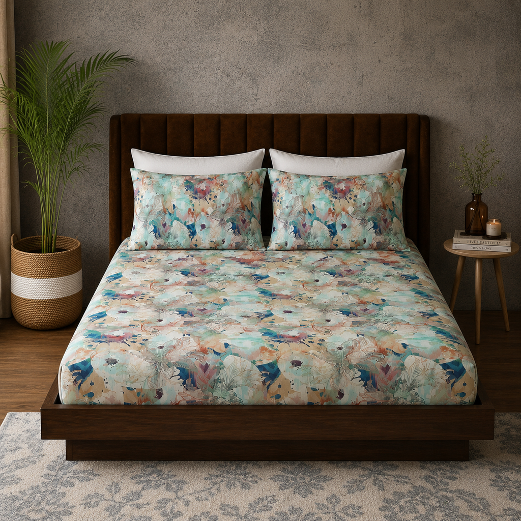 FULL BED VIEW ORGANIC COTTON PRINTED FITTED SHEET SET - FLORENTINE 250TC