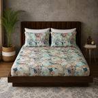 FULL BED VIEW ORGANIC COTTON PRINTED FITTED SHEET SET - FLORENTINE 250TC