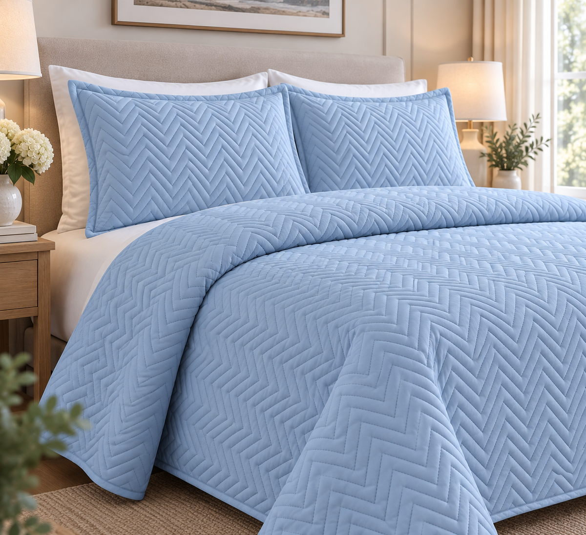 left hand view COTTON QUILTED HERRINGBONE BEDSPREAD SET - FLUORESCENT ICE