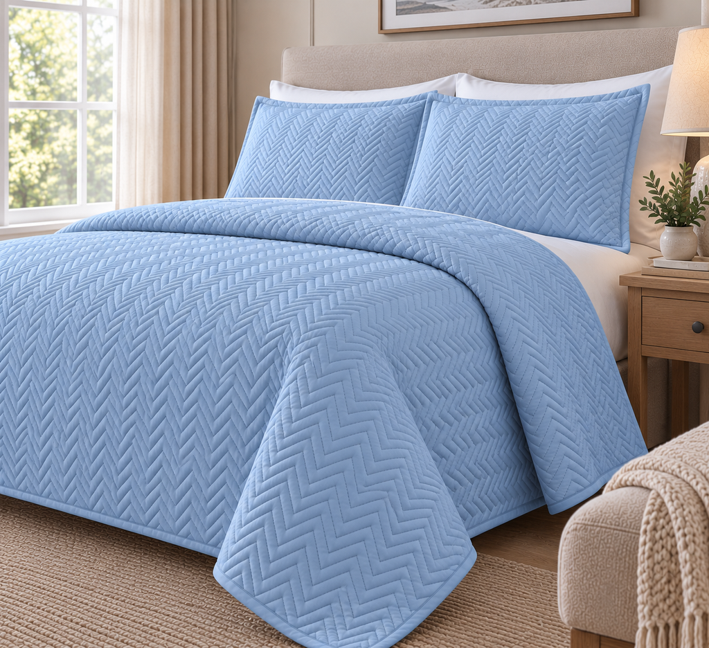 right hand view COTTON QUILTED HERRINGBONE BEDSPREAD SET - FLUORESCENT ICE