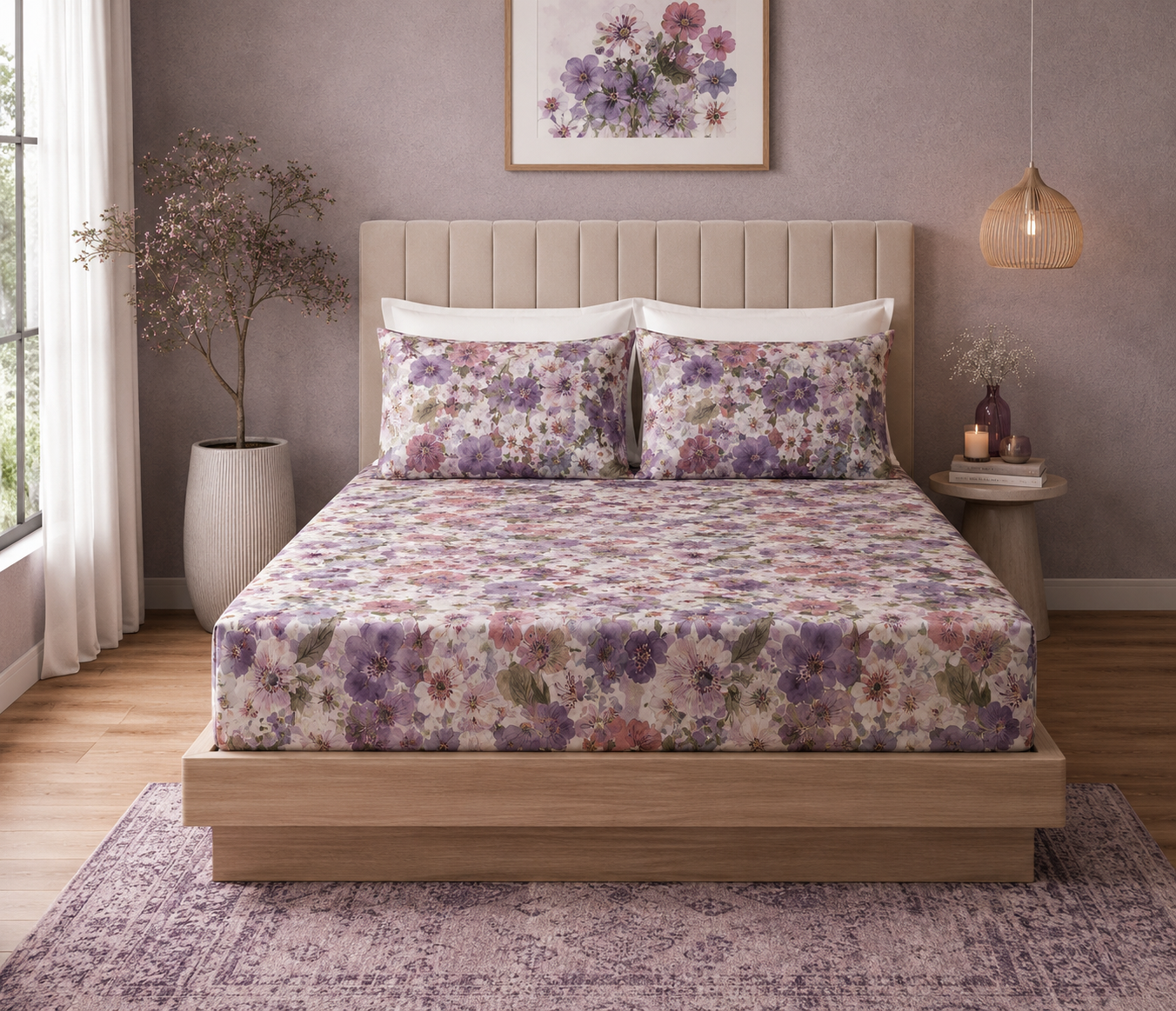 Full bed view of Whites of London NZ Flutter 250TC GOTS certified organic cotton printed fitted sheet set