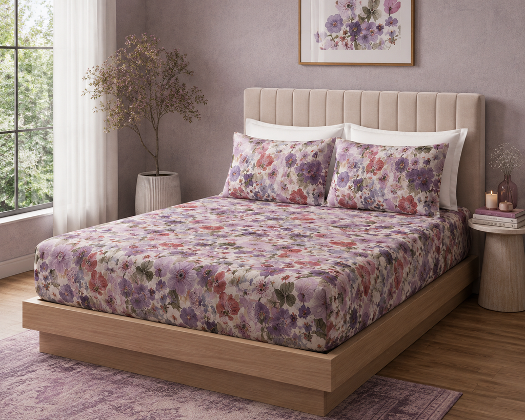 Side angle view of Whites of London NZ Flutter 250TC GOTS certified organic cotton printed fitted sheet set