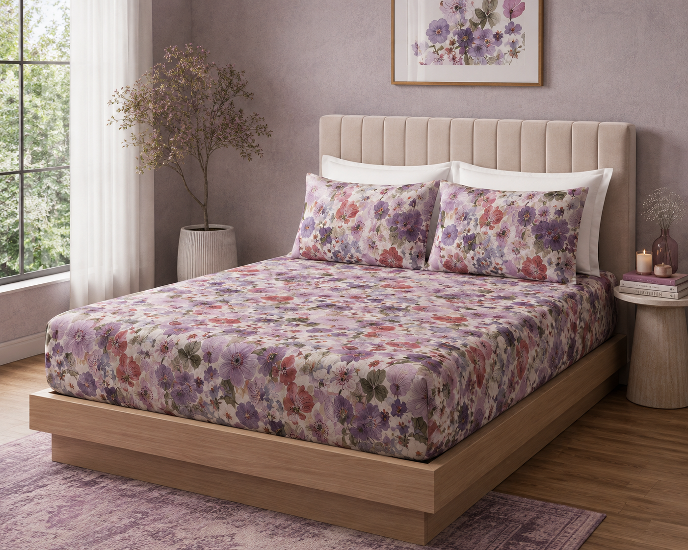 Side angle view of Whites of London NZ Flutter 250TC GOTS certified organic cotton printed fitted sheet set