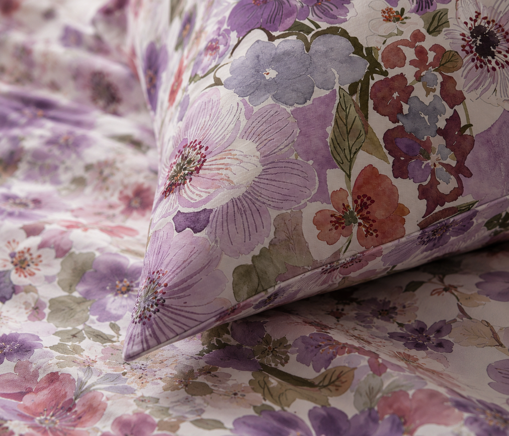 Close up of Whites of London NZ Flutter 250TC GOTS certified organic cotton printed fitted sheet set