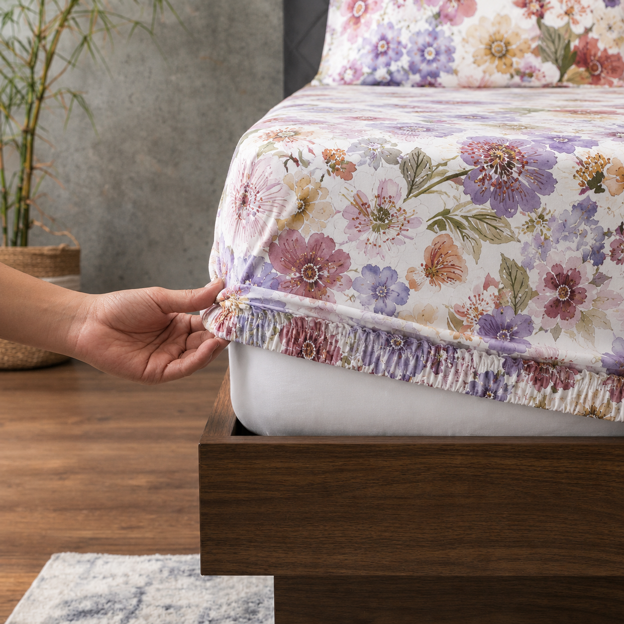Whites of London NZ Organic Cotton Percale Printed Sheet Set Flutter 250TC styled with fitted sheet