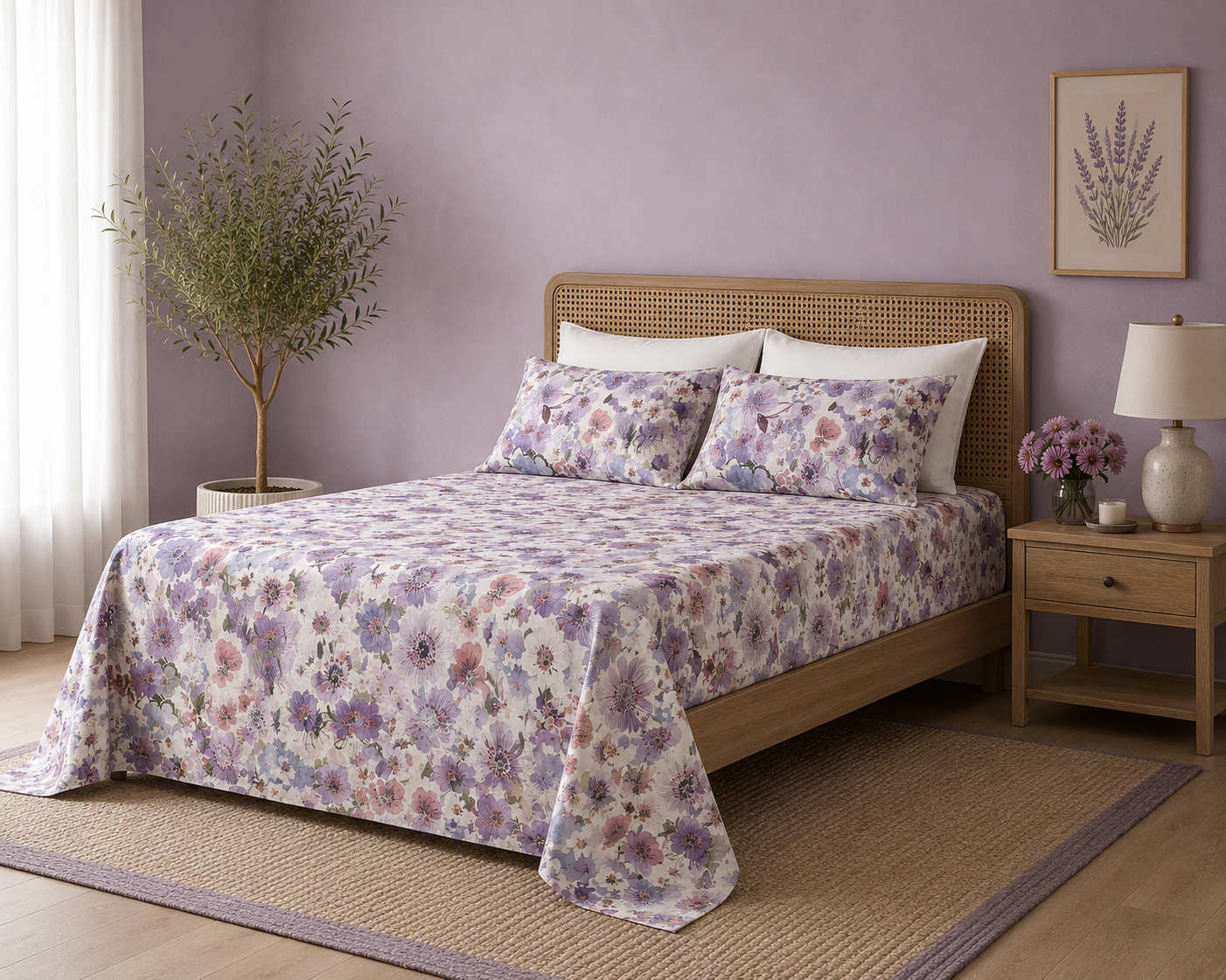Side view of Whites of London NZ Organic Cotton Percale Printed Sheet Set Flutter 250TC 