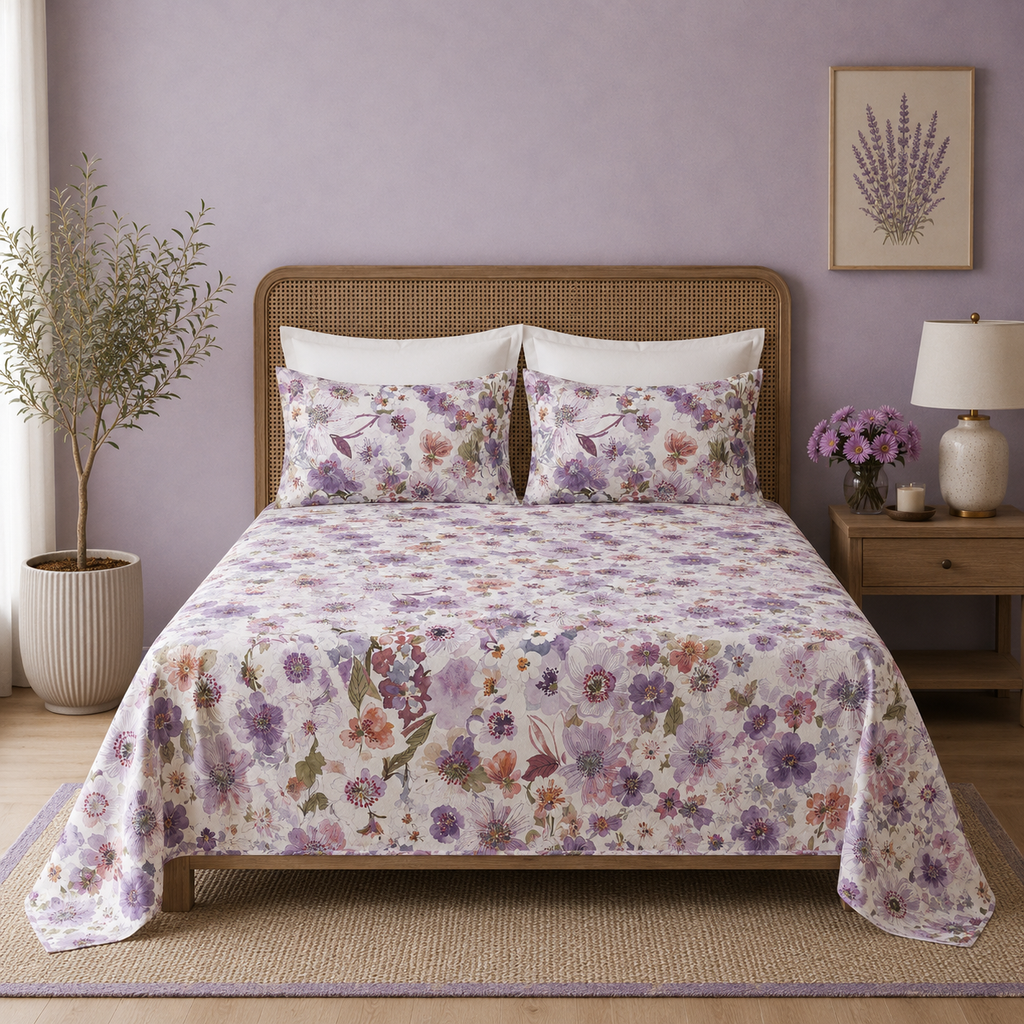 Full bed view of Whites of London NZ Organic Cotton Percale Printed Sheet Set Flutter 250TC 