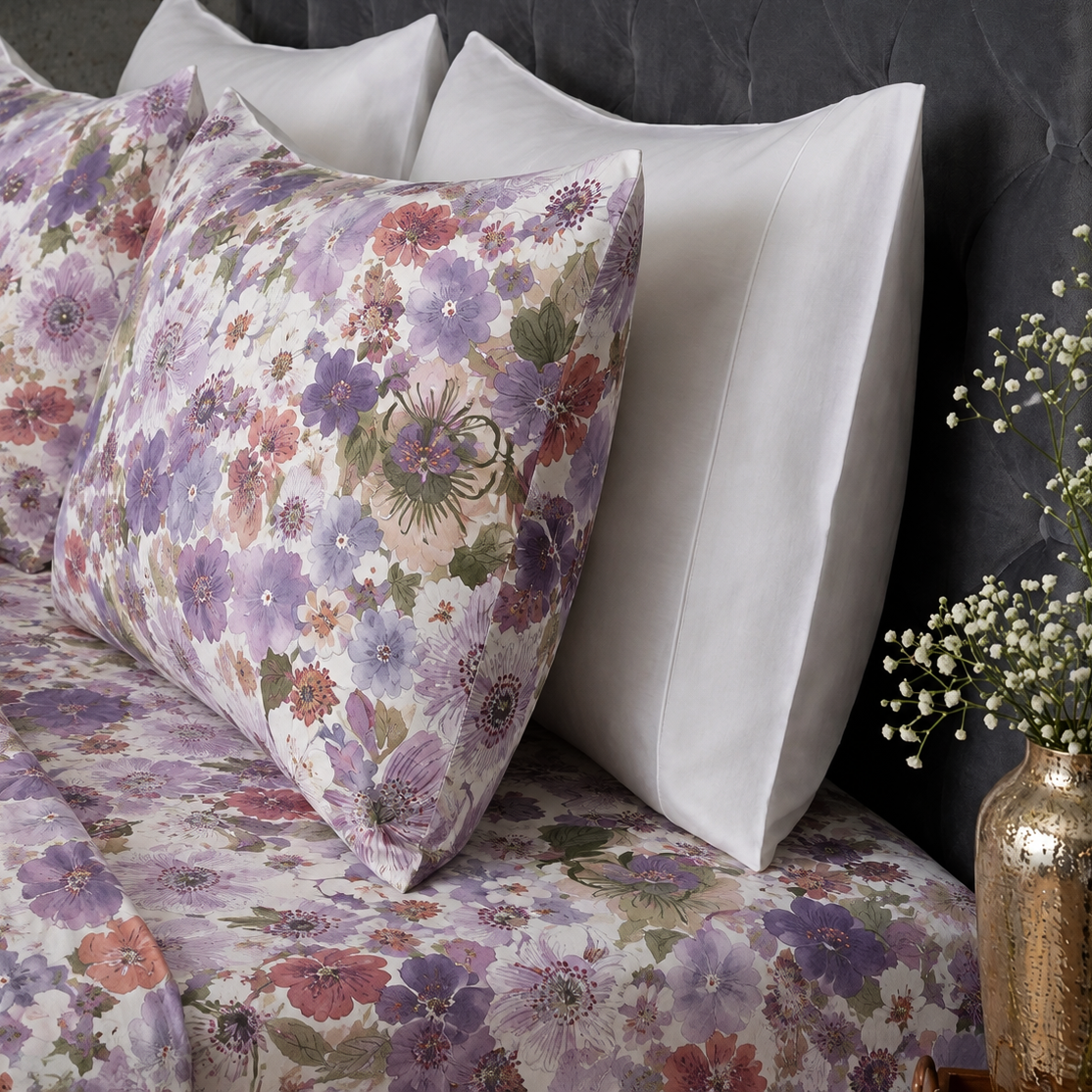 Pillow cases of the Whites of London NZ Organic Cotton Percale Printed Sheet Set Flutter 250TC  styled with white pillowcases behind it 