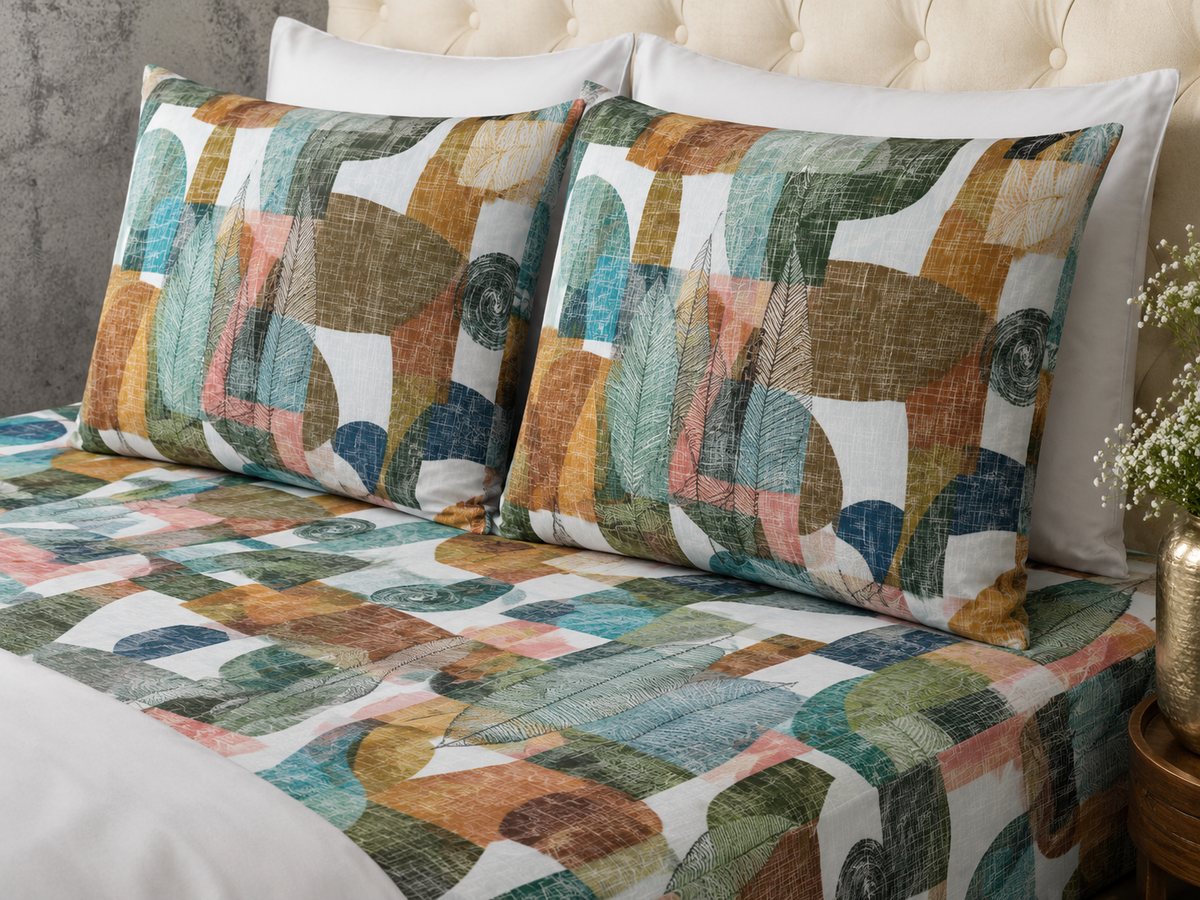 matching pillowcases of ORGANIC COTTON PRINTED FITTED SHEET SET - FOLIAGE 250TC