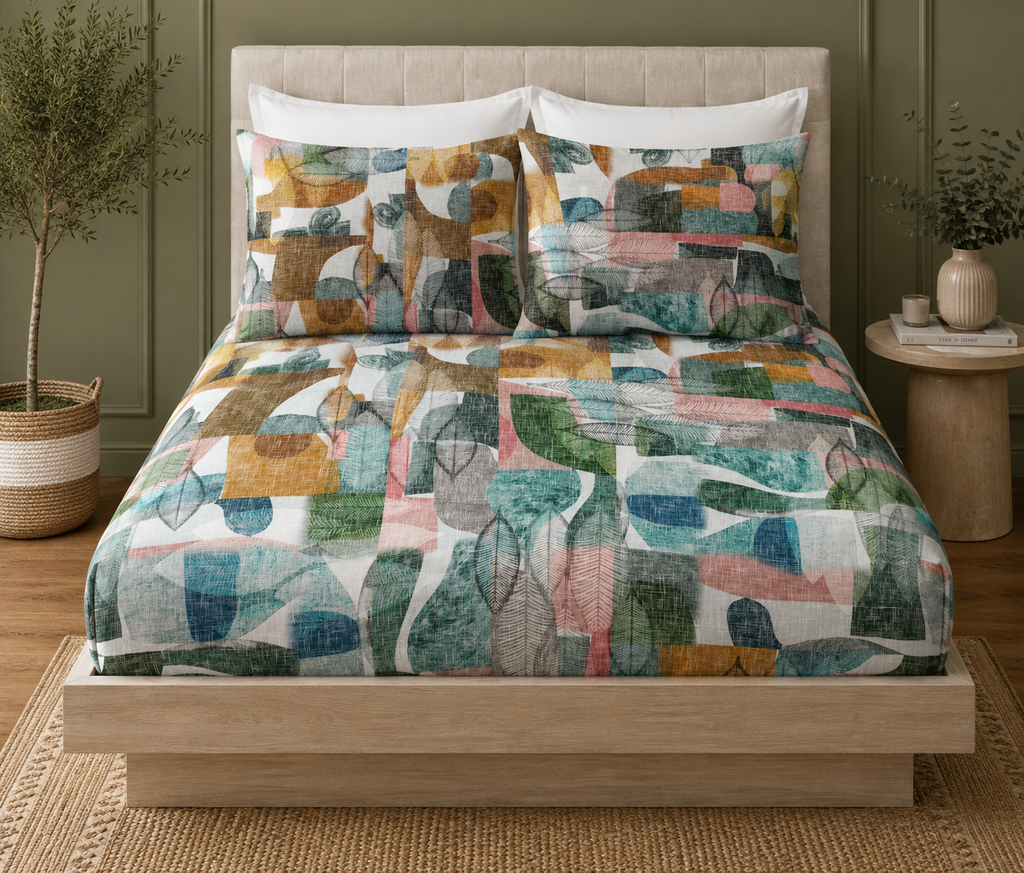 full bed bed view of ORGANIC COTTON PRINTED FITTED SHEET SET - FOLIAGE 250TC