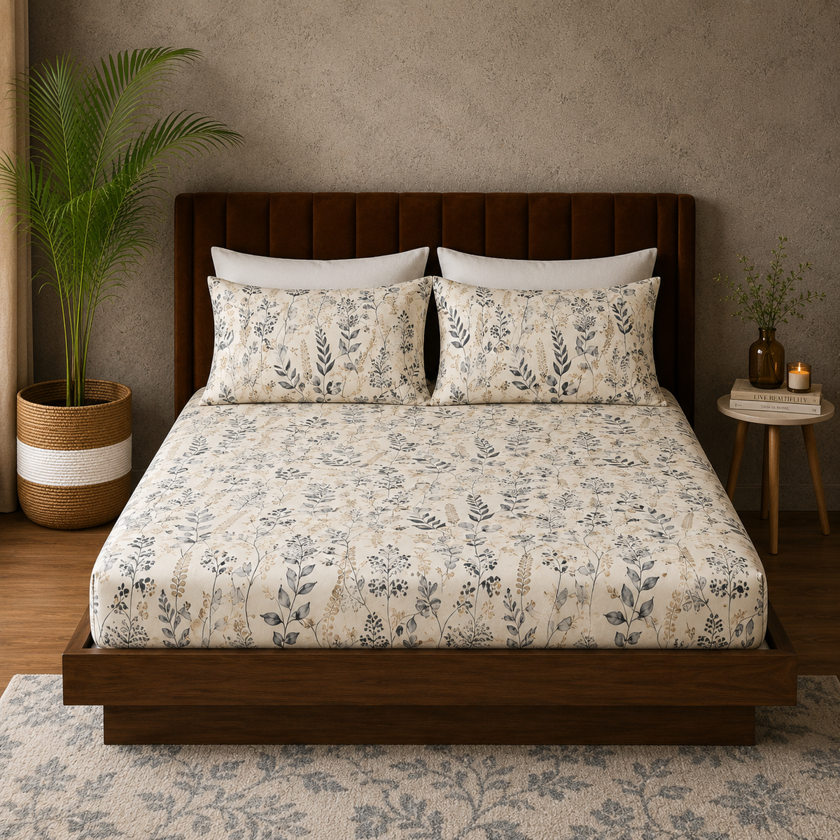 FULL BED VIEW ORGANIC COTTON PRINTED FITTED SHEET SET - FOREST DANCE 250TC