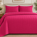 full bed view COTTON QUILTED HERRINGBONE BEDSPREAD SET - Fuchsia 