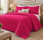 right hand view COTTON QUILTED HERRINGBONE BEDSPREAD SET - Fuchsia 