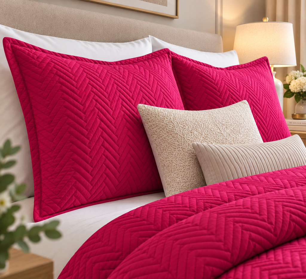 shams of COTTON QUILTED HERRINGBONE BEDSPREAD SET - Fuchsia 