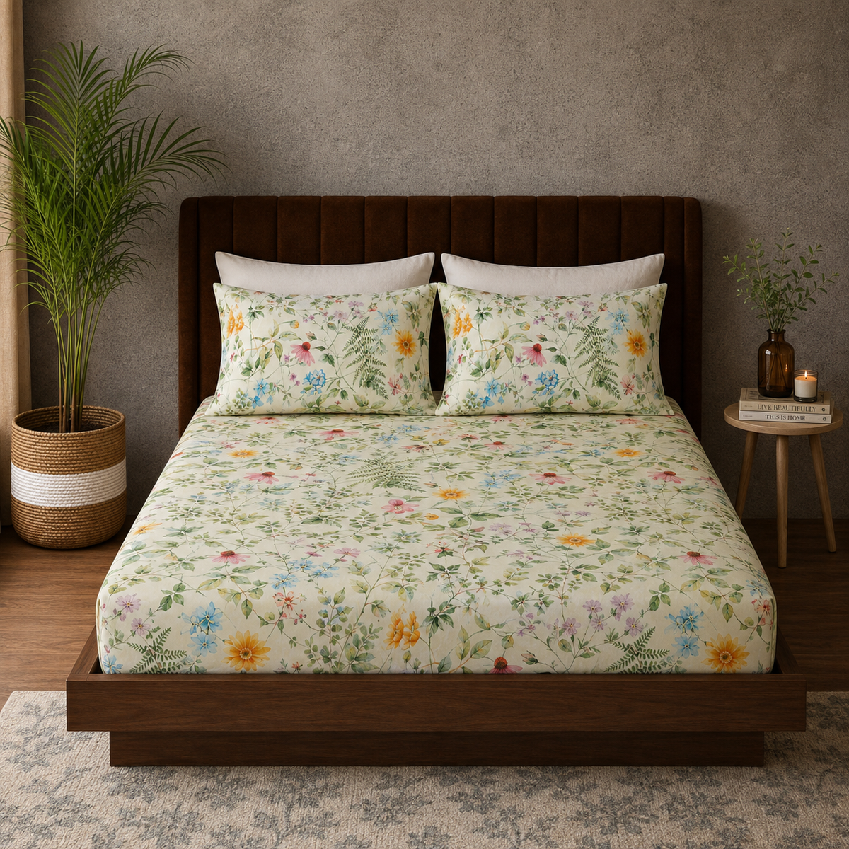full bed view of ORGANIC COTTON PRINTED FITTED SHEET SET - GARDEN WALK 250TC