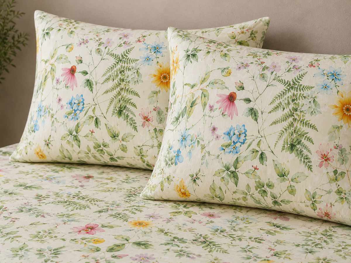 Matching pillowcases of ORGANIC COTTON PRINTED FITTED SHEET SET - GARDEN WALK 250TC