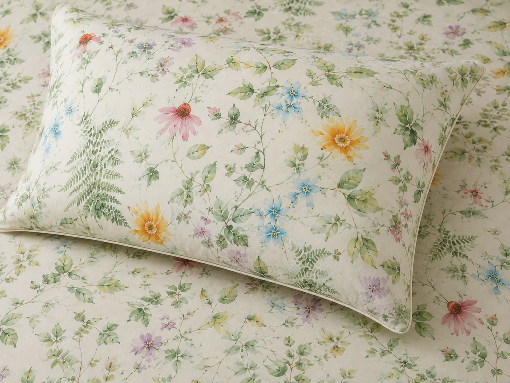close up of ORGANIC COTTON PRINTED FITTED SHEET SET - GARDEN WALK 250TC