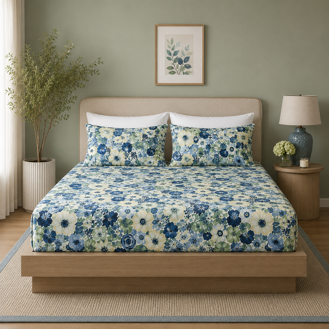 Full bed view of Whites of London NZ Gardenia 250TC GOTS certified organic cotton printed fitted sheet set