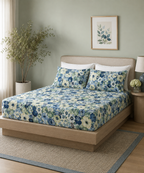 Wide angle shot of Whites of London NZ Gardenia 250TC GOTS certified organic cotton printed fitted sheet set