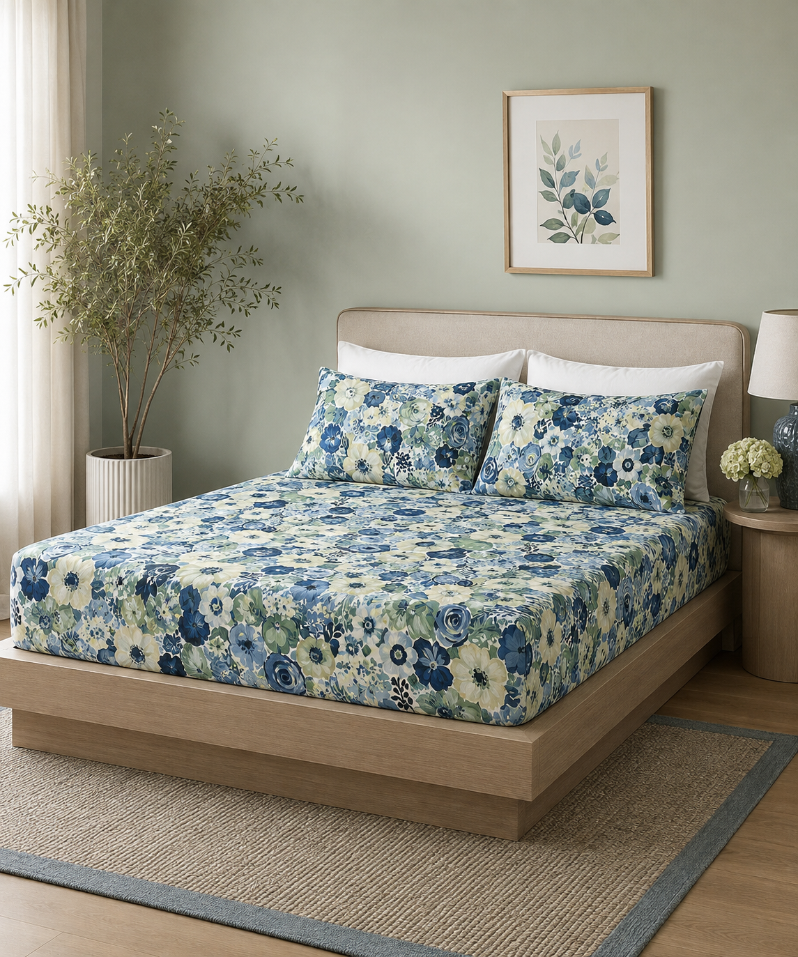 Wide angle shot of Whites of London NZ Gardenia 250TC GOTS certified organic cotton printed fitted sheet set